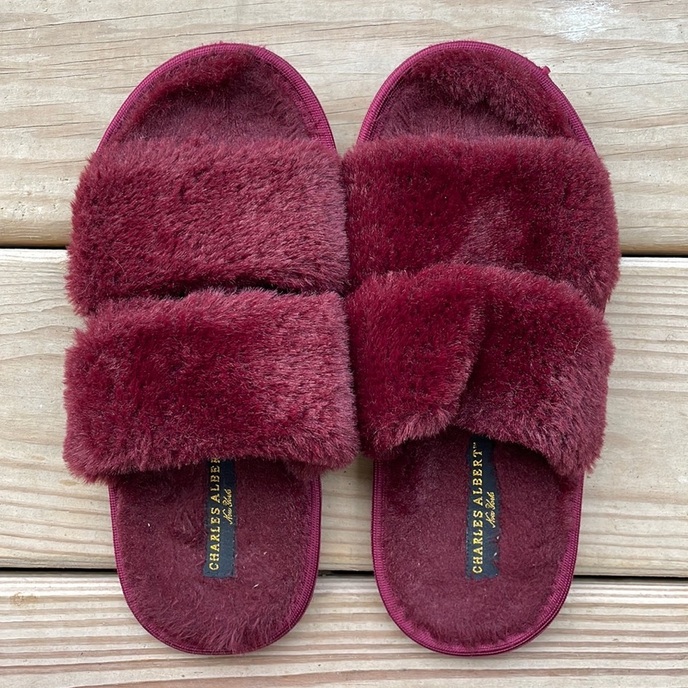 Burgundy Fluffy Double-Strap Slippers